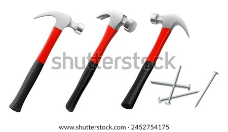 Carpenter's hammers with nails, isolated on white background. Fitter's or locksmith's hammer in different angles. Isometric illustration. Realistic 3d vector design