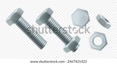 Isometric vector illustration steel bolt and hex nut isolated on white background. Realistic 3d stainless steel bolt and nut icon. screw-nuts and bolts.