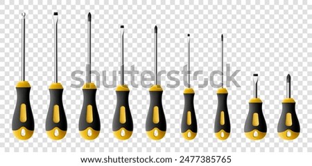 Set of screwdrivers isolated on transparent background. Black and yellow long and short screwdrivers. Metal tool for Home Repairs and Mechanical Work. Realistic 3d vector illustration.