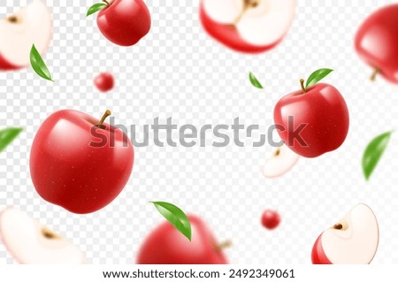 Flying red juicy apples. Bright advertising background falling red apples, realistic with blurred effect. 3d vector illustration