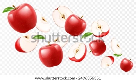 Flying red juicy apples. Bright advertising background falling red apples, realistic with blurred effect. 3d vector illustration