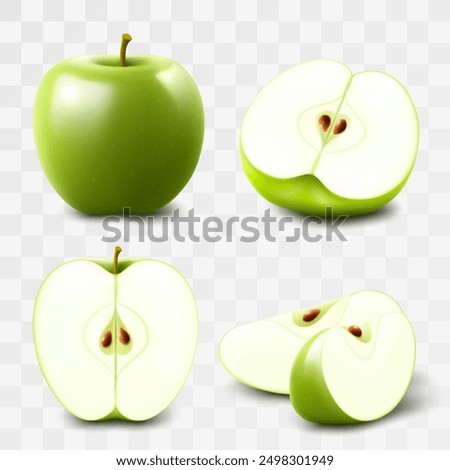 Set of green apples isolated on transparent background. Whole, half and slices of ripe juicy fruit. Summer harvest. Natural product. Realistic 3d vector illustration