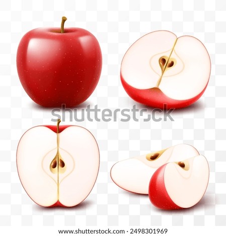 Set of red apples isolated on transparent background. Whole, half and slices of ripe juicy fruit. Summer harvest. Natural product. Realistic 3d vector illustration