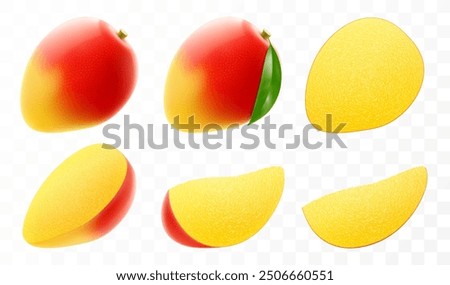 Set of fresh mango fruit. Whole and slice mango fruit with leaf. Exotic mango fruit isolated on transparent background. Summer tropical vitamin food. Realistic 3d vector illustration