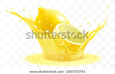 Fresh ripe lemon falls into a splash of juice, isolated on transparent background. Realistic 3d vector illustration. Summer vitamin food and drink. Splash of lemon juice or smoothie, vitamin cocktail