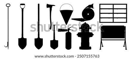 Set of fire extinguishing equipment icons. extinguisher, shovel, Firefighters axe, bucket, fire harpoon, fire hose reel, fire hydrant, Tools used by firefighters for extinguishing flames