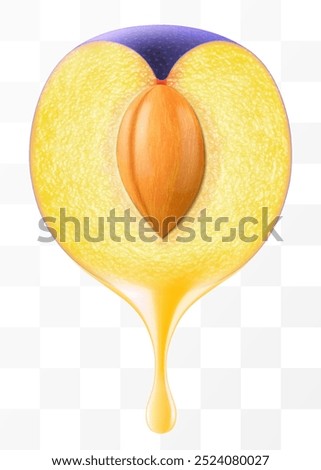 Plum juice Dripping From half of a juicy plum with a stone , isolated on transparent background. Sweet purple plum with fresh juice. Bright summer design. Realistic 3d vector illustration