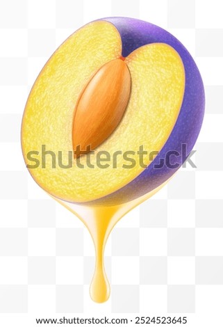 Plum juice Dripping From half of a juicy plum with a stone , isolated on transparent background. Sweet purple plum with fresh juice. Bright summer design. Realistic 3d vector illustration