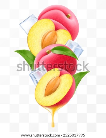 Ripe juicy plum and ice cubes with leaves in swirl motion. Composition of whole fresh plum, half and slices of plum fruits, 3D realistic vector illustration isolated on transparent background.