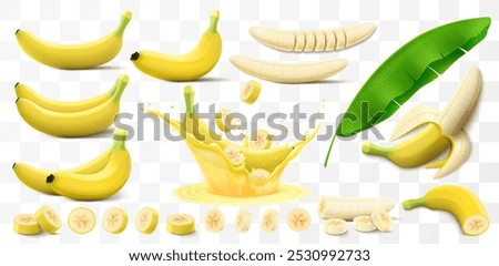 Set of bananas isolated on transparent background. Whole and half a banana, pieces and sliced. Peeled banana and banana in a splash of juice. A leaf of a banana tree. Realistic 3d vector illustration.