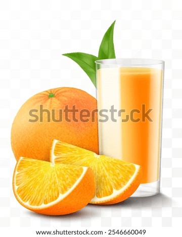 A glass of fresh orange juice or smoothie. Cup of cocktail or yogurt with orange fruits, isolated on transparent background. Realistic 3d vector illustration