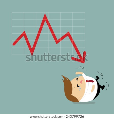 Vector of chubby businessman crying because of business graph down, negative trend, failure 