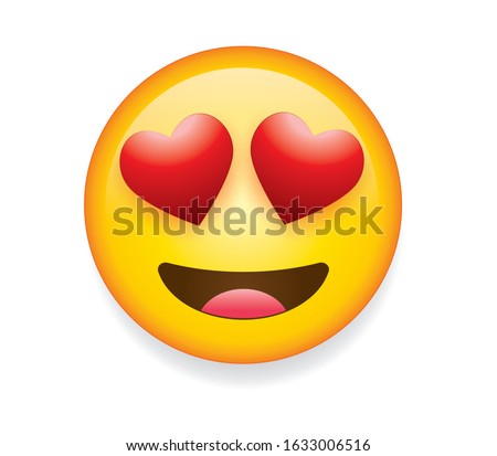 High quality emoticon smiling, love emoji isolated on white background.
Yellow face emoji with red heart eyes and smile vector illustration.
Popular chat elements. Trending emoticon.