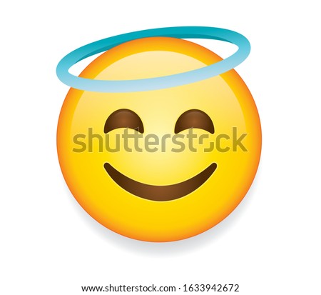 High quality emoticon on white background vector.Emoji Smiling Face With Halo. A yellow face smiling, closed eyes, and blue halo.Popular chat elements. Trending emoticon.