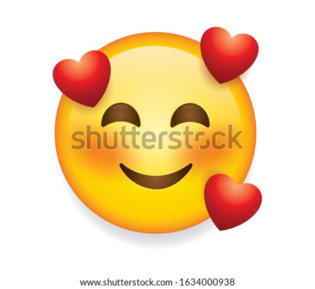 High quality emoticon on white background. Emoji blushing in love with red hearts. Yellow face emoji in love with closed eyes. Popular chat elements. Trending emoticon.