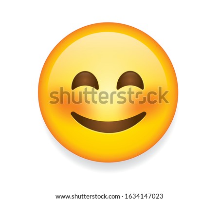 High quality emoticon vector on white background. Emoji blushing with closed eyes.
Yellow face blushing and smiling emoji. Popular chat elements. Trending emoticon.