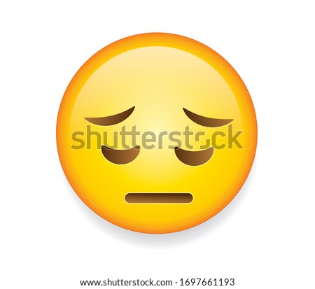 High quality emoticon on white background.
Pensive, remorseful face,saddened by life.  Yellow face with sad, closed eyes, furrowed eyebrows, and a slight, flat mouth.Sad emoji.Unhappy emoticon.