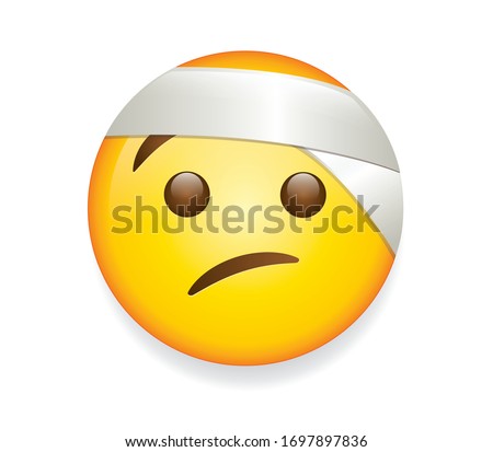 High quality emoticon on white background. Emoji with bandage.
yellow face with a half frown and white bandage wrapped around its head, represents physical injury or pain.Popular chat elements.