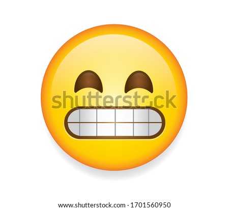 High quality emoji isolated on white background,emoticon grimacing face, vector illustration.
Yellow face emoji showing teeth and closed eyes.Popular chat elements. Trending emoticon.