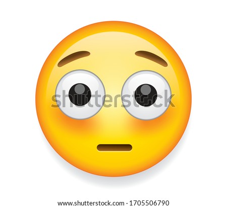 
High quality emoticon isolated on white background.Flushed face emoji with shocked eyes.
yellow face with raised eyebrows, small, closed mouth, wide white eyes staring ahead, and blushing cheeks.