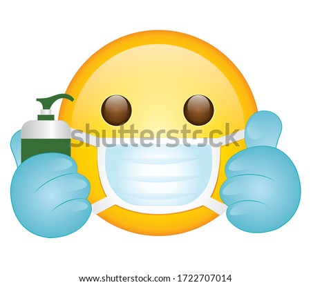 High quality emoticon on white background.Emoji with hand gloves ,sanitizer and mask vector. Face With Medical Mask and gloves and bottle emoji.Mask emoji. Medical Mask emoticon.Thumbs up emoji.
