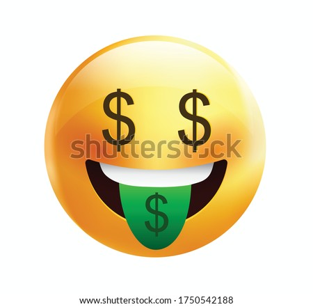 High quality emoticon on white background.Dollar sign emoji eyes.
Yellow face emoji with green tongue vector illustration.Money mouth face.Dollar emoticon.