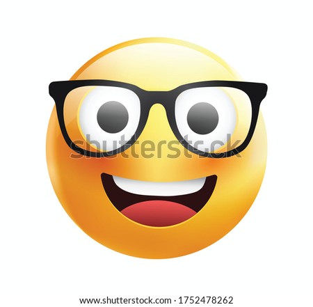 High quality emoticon on white background. Yellow face with spectacles.Cute smiling emoticon wearing eyeglasses, emoji, smiley vector illustration.