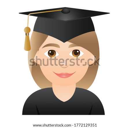 Graduation emoji.face emoji.Graduation emoticon.Female face vector.Girl emoji.Student in graduation dress.Mortar board vector.Student emoji.