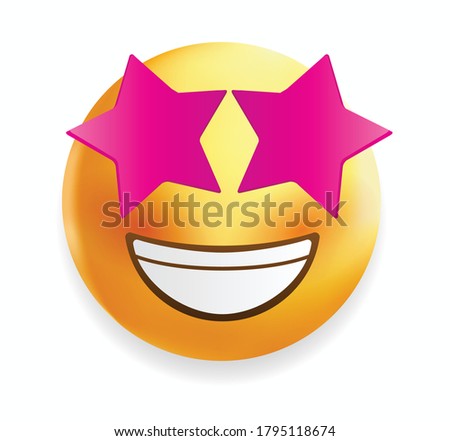 High quality emoticon isolated on white background.Star eyes emoji.
Yellow face with a broad, open smile, showing upper teeth.Popular chat elements.Star emoticon.Pink star.