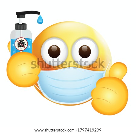 High quality emoticon on white background. Emoji with sanitizer. Face With Medical Mask and hand wash emoji. Mask emoji. Medical Mask emoticon. Thumbs up emoji.
