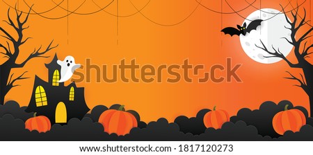 Halloween banner vector. Happy Halloween banner background with stars, clouds, bats, moon, clouds, castle, ghost, web and pumpkins in paper cut style. Orange background.