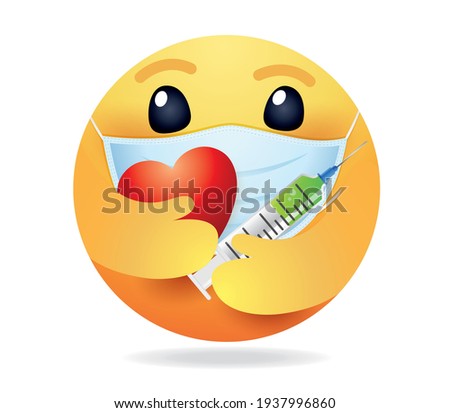High quality emoticon on white background. Emoji with Vaccine syringe And Red Heart. Face With Medical Mask and covid vaccine emoji. Mask emoji. Medical Mask emoticon. Coronavirus Emoji.