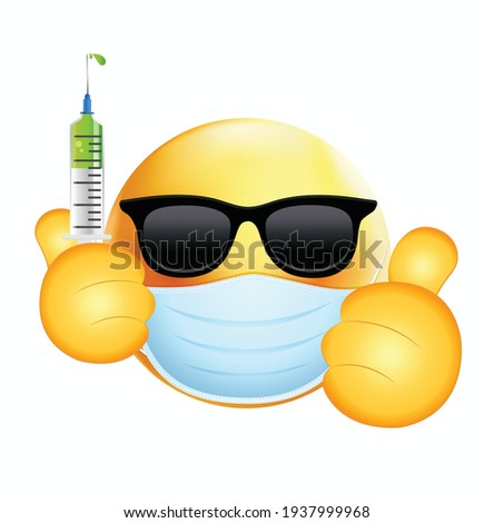 High quality emoticon on white background. Sunglass Emoji with Vaccine syringe. Face With Medical Mask and covid vaccine emoji. Mask emoji. Medical Mask emoticon. Sunglasses Emoji.