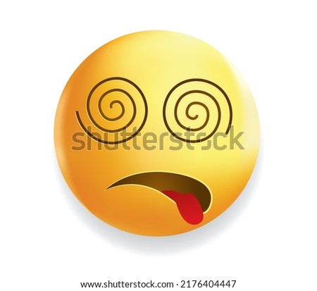 High quality emoticon on white background. Dead emoji. Yellow face with X’s or spiral eyes and open mouth emoji vector illustration. Popular chat element. Dizzy emoticon.