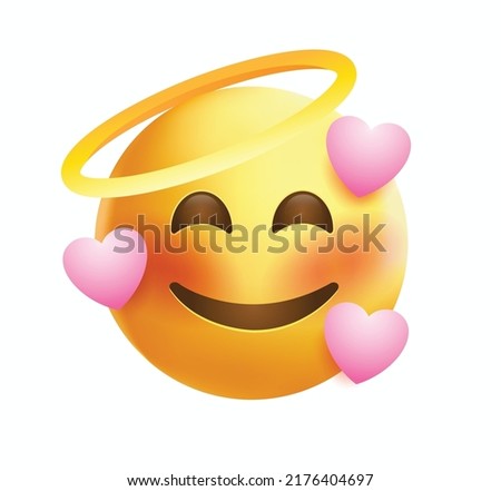 High quality emoticon on white background vector. Emoji Smiling Face With Halo. A yellow face smiling, closed eyes, and blue halo. Popular chat elements. Trending emoticon.