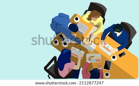 idea and concept creativity illustration business.Office workers sit at a round table and discuss ideas, exchanging information. Work meetings, business negotiations, meetings,