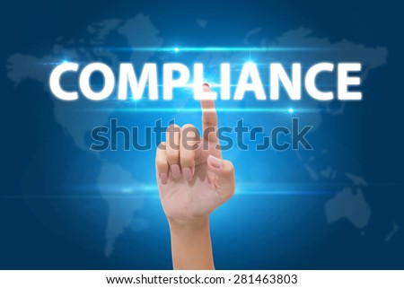 business hand pushing compliance button on the virtual background