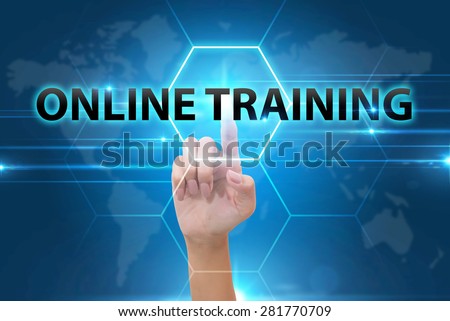 business Hand pressing online training button on virtual screens