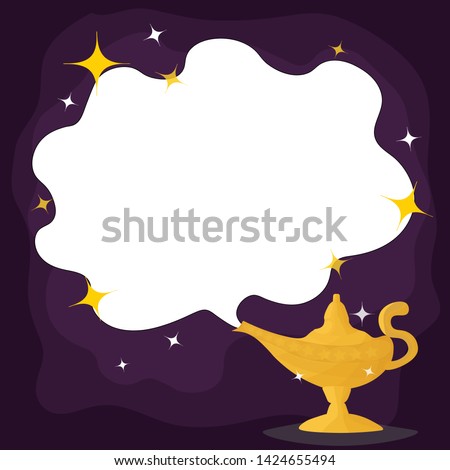 Magic Lamp. Vector genie magic aladdin lamp  and white smoke. Aladdin golden lantern with dark purple background.vector Stok fotoğraf © 