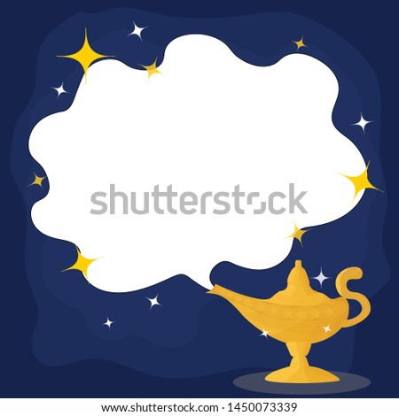 Magic Lamp. Vector genie magic Aladin lamp white smoke and star. Aladin golden lantern with dark blue background.vector Stok fotoğraf © 