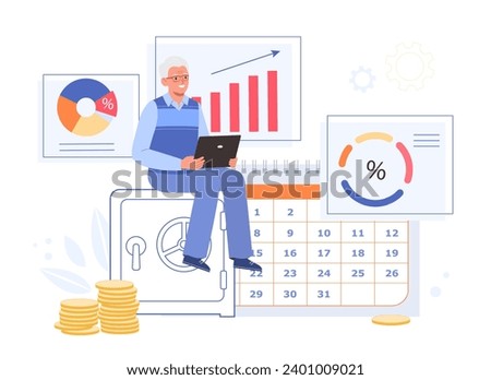 Elderly man is holding the laptop. Analytics, economic reporting, investment, data analysis. Concept of financial literacy and active old age