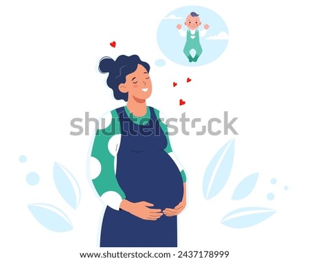 Cute pregnant woman thinking about her baby. Expectation of childbirth. Happy young mother awaiting son