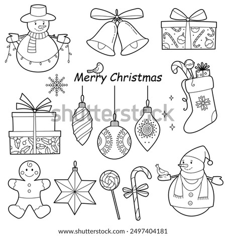 Set of Christmas and New Year elements. Simple outline illustration, isolated on white background, design elements or page of children's coloring book