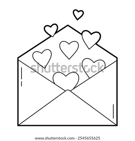 Envelope with hearts. Valentines day design element.  Outline illustration, isolated on white background