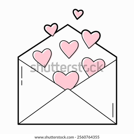 Envelope with pink hearts. Valentines day design element. Outline color illustration, isolated on white background	