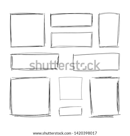 Vector hand drawn squares, blank drawing frames isolated on white background, black lines, rectangular and square shapes.