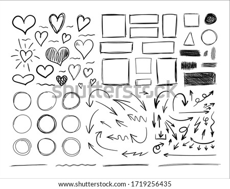 Set of hand drawn elements isolated on white background, black outline drawings collection, vector illustration,  scribble lines, freehand sketches.