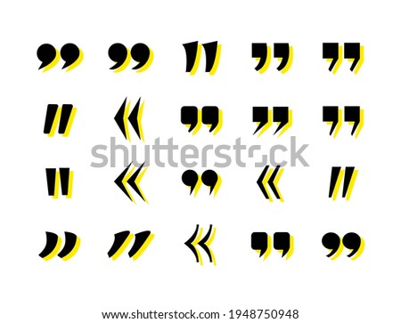 Vector set of quote marks, colorful black and yellow quotation signs isolated on white background, design elements set.