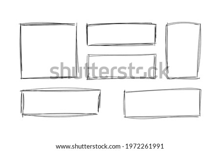 Vector handdrawn squares, drawing frames isolated on white background, black lines, rectangular and square shapes.