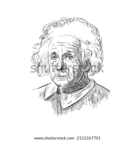 Vector Illustration Hand Drawn Albert Einstein, Vintage Style Sketch, Black Line Art Isolated on White Background, Retro Vector Illustration Template, Great Scientists.
